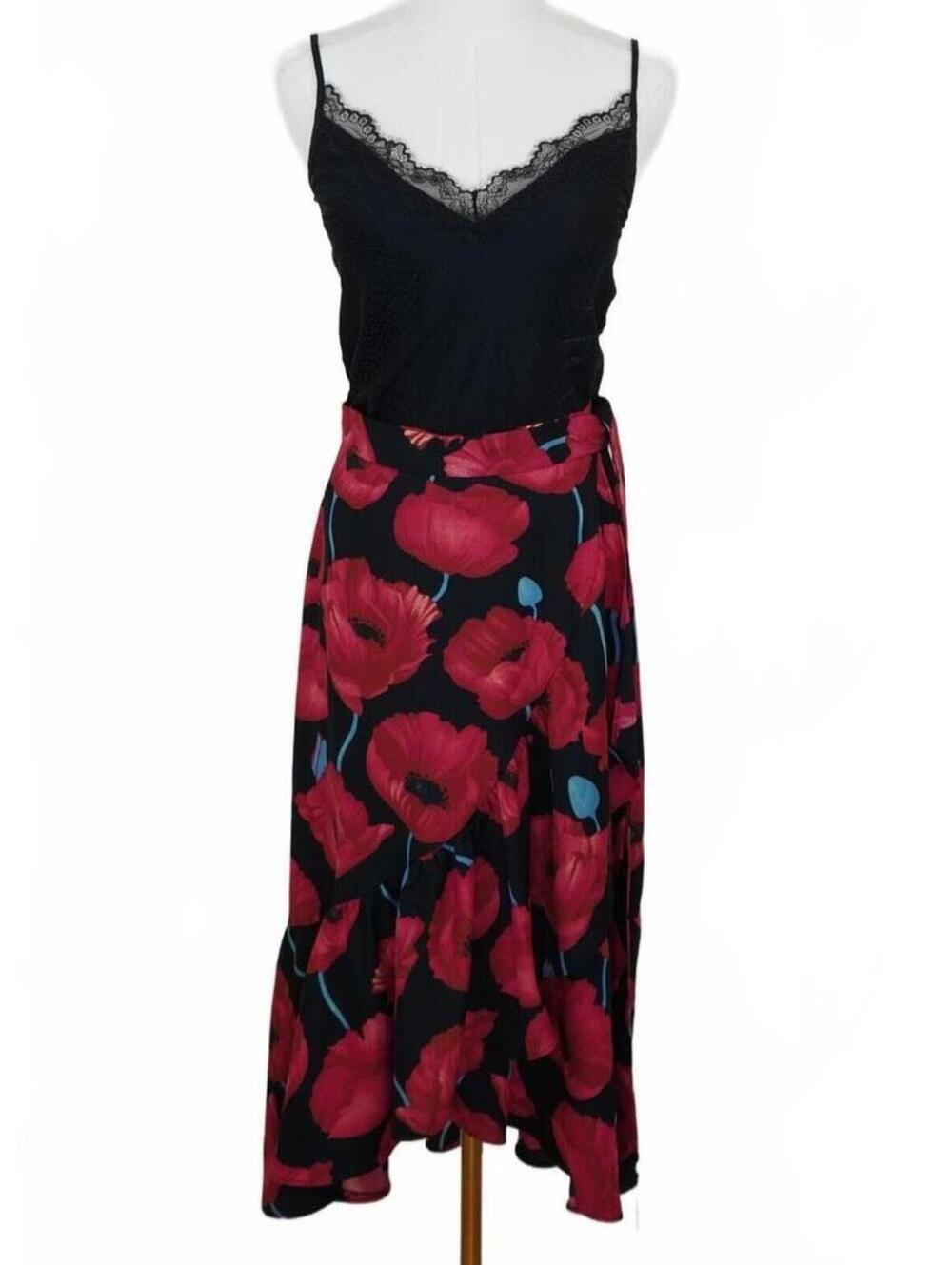 Red Poppy Floral‎ Wrap Midi Skirt Asymmetric Ruffle Hem Dark Romantic Sz 8